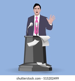Orator speaks with broad gestures behind a podium. Speaker makes a report to the public and the press. Eloquent speech before an audience. Rhetoric. Oratory, politician, businessman. Vector. Icon.