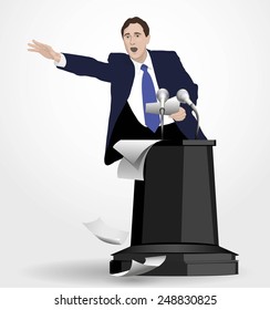 Orator speaks at the podium with microphones. Speaker confident. Speech with strong gestures. A man dressed in a suit. Lecturer, teacher, manager, boss. Image. Vector. Icon.