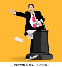 Orator speaks at the podium with microphones. Speaker gestures strong and confident. A man dressed in a suit. Lecturer, teacher, manager, boss. Image. Vector. Icon.