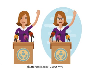 Orator speaks from rostrum. Publicly speech concept. Cartoon vector illustration