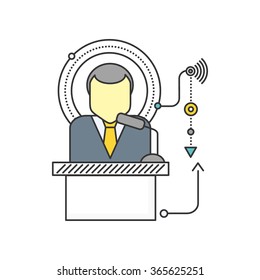 Orator standing behind a podium with microphones. Speaker makes a report to the public. Orator icon. Presentation and performance before an audience. Oratory, lecturer, business seminar orator