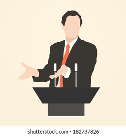 Orator stands behind a podium with microphones. 
Speaker makes a report to the public. Presentation and performance before an audience. Rhetoric. Oratory, lecturer, business seminar. Vector. Icon.