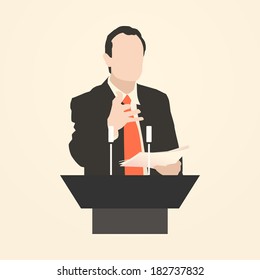 Orator stands behind a podium with microphones. 
Speaker makes a report to the public. Presentation and performance before an audience. Rhetoric. Oratory, lecturer, business seminar. Vector. Icon.