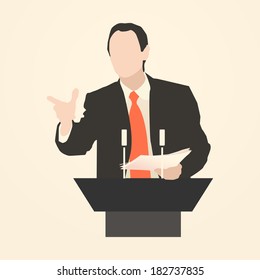 Orator stands behind a podium with microphones. 
Speaker makes a report to the public. Presentation and performance before an audience. Rhetoric. Oratory, lecturer, business seminar. Vector. Icon.