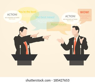 Orator stands behind a podium with microphones.  Speaker makes a report to the public. Presentation and performance before an audience. Rhetoric. Oratory, lecturer, business seminar. Vector. Icon.