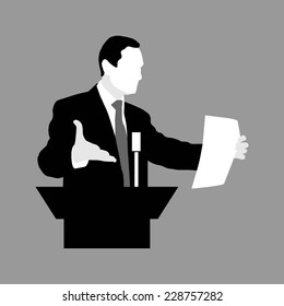 Orator stands behind a podium with microphones. Speaker makes a report to the public. Presentation and performance before an audience. Rhetoric. Oratory, lecturer, business seminar. Vector. Icon.