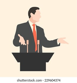 Orator stands behind a podium with microphones. Speaker makes a report to the public. Presentation and performance before an audience. Rhetoric. Oratory, lecturer, seminar. Vector. Icon. standard.