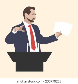 Orator stands behind a podium with microphones. Speaker makes a report to the public. Presentation and performance before an audience. Rhetoric. Oratory, lecturer, business seminar. Vector. Icon.