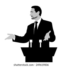Orator stands behind a podium with microphones. Speaker makes a report to the public. Presentation and performance before an audience. Rhetoric. Oratory, lecturer, business seminar. Vector. Icon.