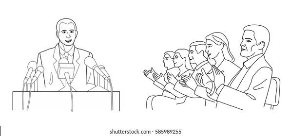 Orator stands behind a podium with microphones. Speaker makes a report to the public. Man and woman applause. Black vector illustration isolated on white background