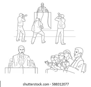 Orator stands behind a podium with microphones. Speaker makes a report to the public. Photographers take pictures. Man and woman applause. Black vector illustration isolated on white background