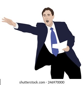 Orator strongly supports the emotional speech in a suit and tie holding a piece of paper. Gestures speaker facing forward. Top manager. Bolsunov Oleg Vector. Icon.