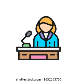 Orator, Woman Behind The Podium, Female Politician Flat Color Line Icon.