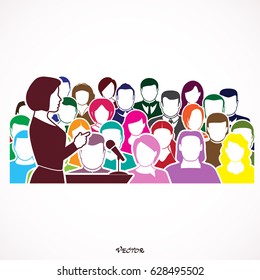 Orator Woman, Speaking From The Tribune. Public Speaker And A Crowd, Vector Illustration In The Flat Style