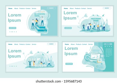 Oratorical Skills Training with Public Speaking and Self-Presentation Courses. Laptop with Financial Graphs Against Gears Background. Four Landing Page Templates with Copy Space for Extra Text.