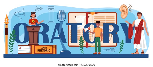 Oratory typographic header. Students training public speaking and debates in rhetoric class. Voice projection and speech improvement techniques. Isolated flat vector illustration