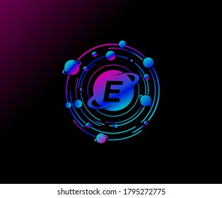 Orbit E Letter Design. Modern planet with line of orbit. Colorful abstract Circle geometry planet logo.