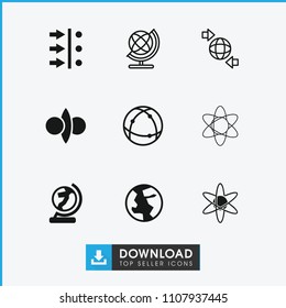 Orbit icon. collection of 9 orbit filled and outline icons such as globe, atom move, qround the globe, atom, atom fusion. editable orbit icons for web and mobile.