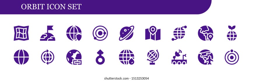 orbit icon set. 18 filled orbit icons.  Collection Of - Map, Earth, Worldwide, Solar system, Planet, Earth grid, Globe, World, Mars, Satellite dish, Planet earth, Atom icons