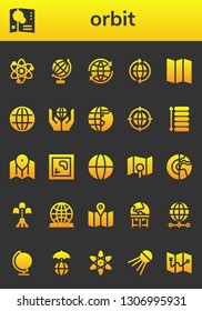 orbit icon set. 26 filled orbit icons.  Collection Of - Solar system, Map, Globe, World, Earth grid, Worldwide, Earth globe, Spacing, Planet, Spaceship, Earth, Atomic, Sputnik