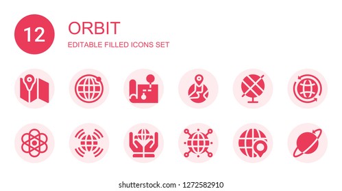 orbit icon set. Collection of 12 filled orbit icons included Map, Earth grid, Earth globe, Globe, Atomic, Worldwide, World