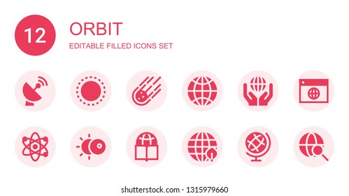 orbit icon set. Collection of 12 filled orbit icons included Satellite dish, Worldwide, Meteorite, Globe, Atom, Eclipse, Earth grid, Earth globe
