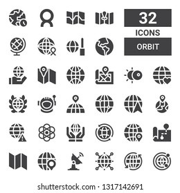 orbit icon set. Collection of 32 filled orbit icons included Worldwide, Earth grid, World, Satellite dish, Globe, Map, Atomic, Earth globe, Astronaut, Global, Eclipse, Comet
