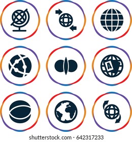 Orbit icons set. set of 9 orbit filled icons such as globe, qround the globe, atom, planet