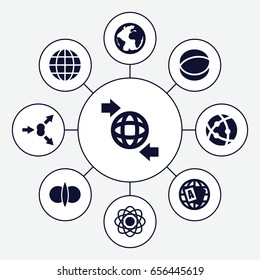 Orbit icons set. set of 9 orbit filled icons such as globe, qround the globe, atom, planet, atom fusion