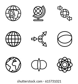 Orbit icons set. set of 9 orbit outline icons such as globe, qround the globe, atom, atom fusion, atom move