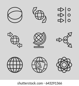 Orbit icons set. set of 9 orbit outline icons such as globe, qround the globe, atom