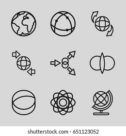 Orbit icons set. set of 9 orbit outline icons such as globe, qround the globe, atom, atom fusion, atom move