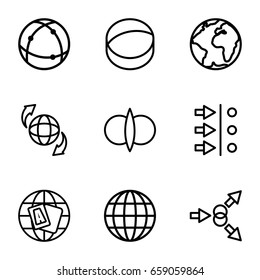 Orbit icons set. set of 9 orbit outline icons such as globe, qround the globe, atom, atom fusion, atom move