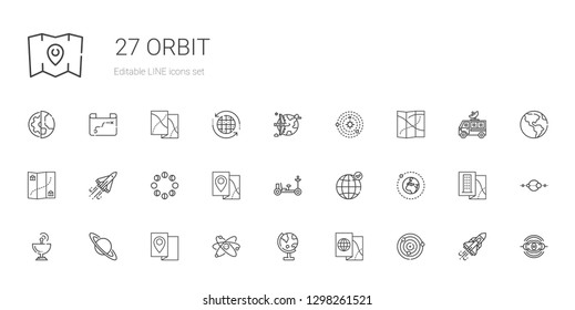 orbit icons set. Collection of orbit with atoms, map, globe, atom, saturn, satellite dish, earth, earth grid, moon rover, moon phases, space shuttle. Editable and scalable orbit icons.