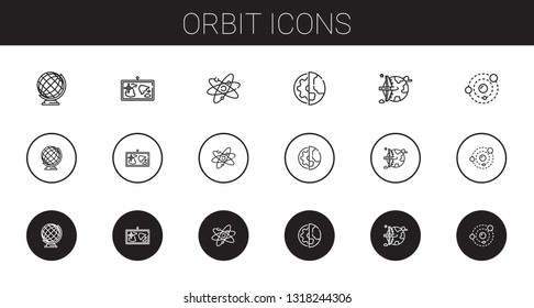 orbit icons set. Collection of orbit with earth globe, map, atom, planet earth, worldwide, solar system. Editable and scalable orbit icons.