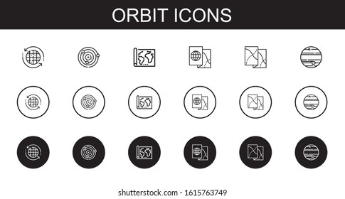 orbit icons set. Collection of orbit with earth grid, atoms, map, jupiter. Editable and scalable orbit icons.