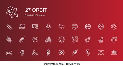 orbit icons set. Collection of orbit with globe, space shuttle, atomic, astronaut, meteorite, moon rover, map, planet, satellite dish, atom. Editable and scalable orbit icons.