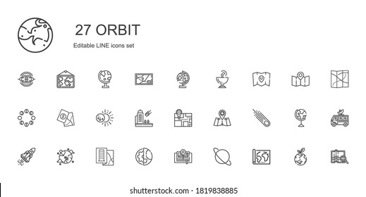 orbit icons set. Collection of orbit with map, uranus, planet earth, worldwide, space shuttle, asteroid, meteorite, eclipse, moon phases, satellite dish. Editable and scalable orbit icons.