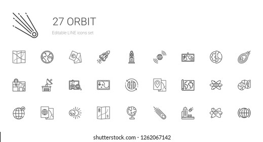 orbit icons set. Collection of orbit with meteorite, asteroid, globe, map, eclipse, earth grid, satellite dish, astronaut, global, atom, worldwide. Editable and scalable orbit icons.