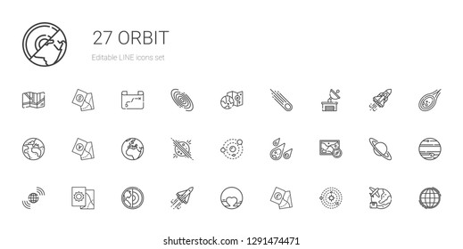 orbit icons set. Collection of orbit with solar system, map, pluto, space shuttle, earth, earth grid, meteorite, planet, planet earth, satellite dish. Editable and scalable orbit icons.