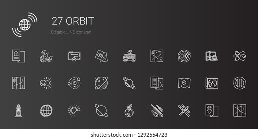 orbit icons set. Collection of orbit with space station, meteorites, planet earth, uranus, eclipse, worldwide, astronaut, map, saturn, planet. Editable and scalable orbit icons.