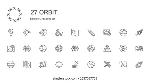 orbit icons set. Collection of orbit with space station, earth globe, satellite dish, moon phases, worldwide, map, venus, planet earth, atom. Editable and scalable orbit icons.