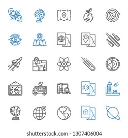 orbit icons set. Collection of orbit with uranus, map, earth globe, earth grid, meteorite, satellite dish, earth, asteroid, atom, space shuttle. Editable and scalable orbit icons.