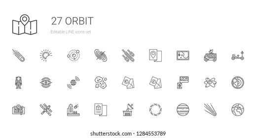 orbit icons set. Collection of orbit with venus, asteroid, satellite dish, map, meteorite, space station, asteroids, earth grid, nebula, astronaut. Editable and scalable orbit icons.