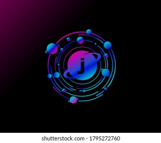 Orbit J Letter Design. Modern planet with line of orbit. Colorful abstract Circle geometry planet logo.