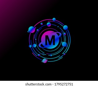 Orbit M Letter Design. Modern planet with line of orbit. Colorful abstract Circle geometry planet logo.