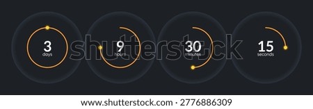 Orbit minimal countdown timer set on dark background. Sale promotion. Deal. Circle progress bars isolated. Days, hours, minutes, seconds stopwatch. Remaining time. Modern UI graphic collection