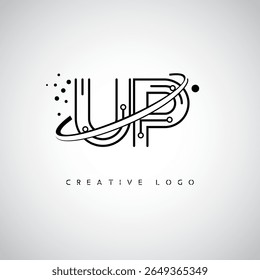 UP Orbit Monogram Logo – Futuristic Minimal Letter mark with Circular Line Art, Tech-Inspired Dots and Space Motion Concept for Modern Branding Identity