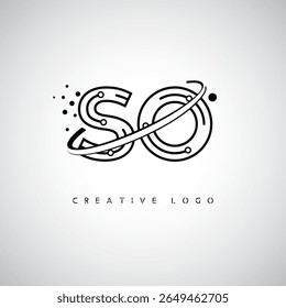 Logotipo do Monograma da Órbita do SO - Marca de Letra Mínima Futurista com Linha de Arte Circular, Pontos Inspirados na Tecnologia e Conceito de Movimento Espacial para Identidade de Marca Moderna