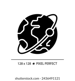 Orbit pixel perfect black glyph icon. Satellite tracking. Planetary motion. Earth planet. Solar system. Globe world. Silhouette symbol on white space. Solid pictogram. Vector isolated illustration